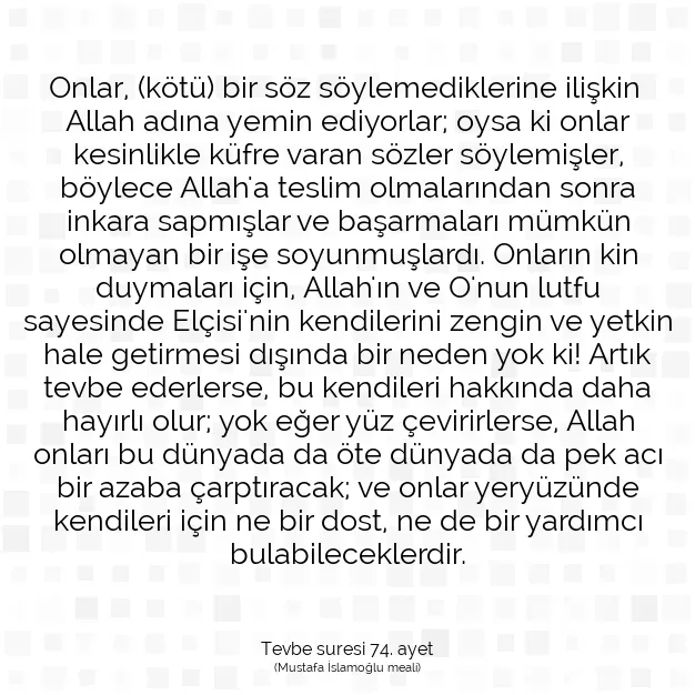 Ayetbul | Kuran Mealleri | Quran | Tevbe suresi 74. ayet